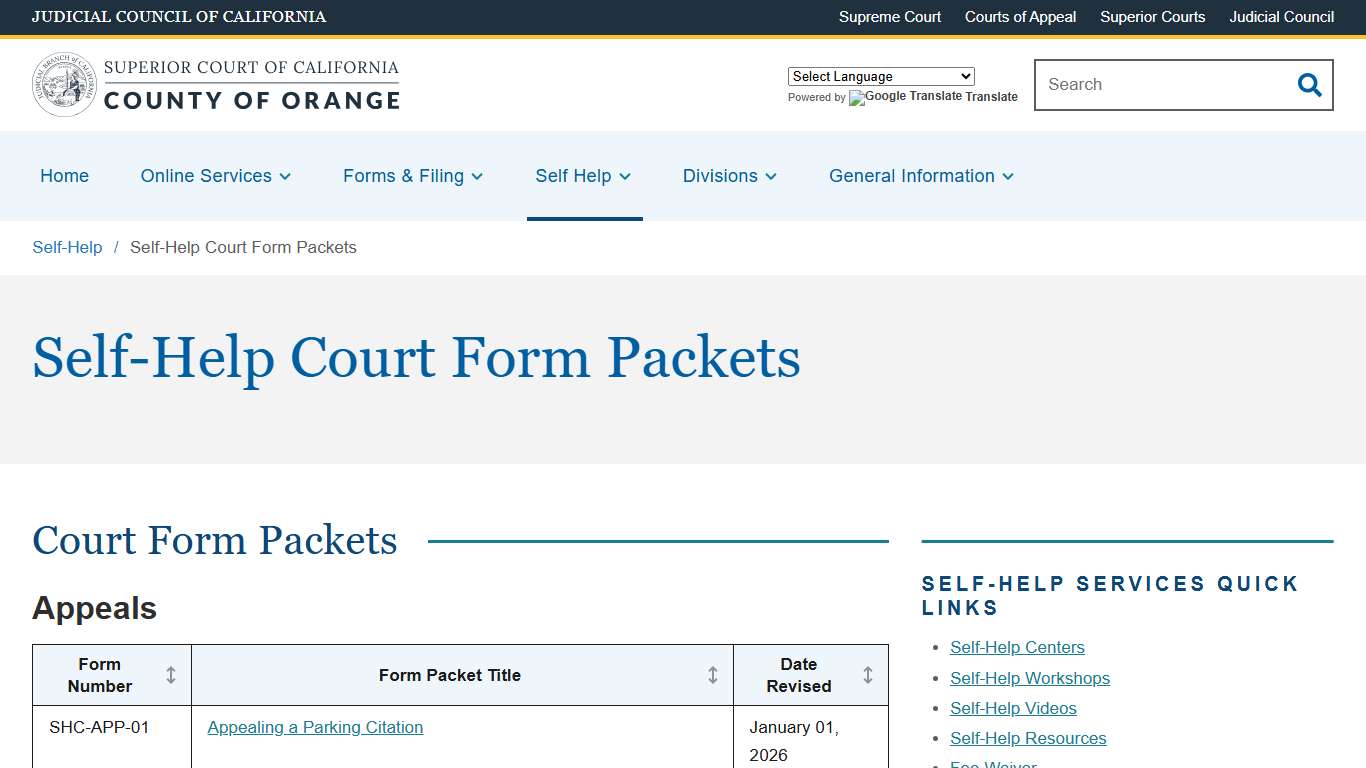 Self-Help Court Form Packets Superior Court of California County of Orange